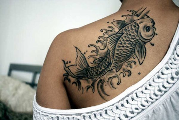 Black And Grey Fish Shoulder Tattoo