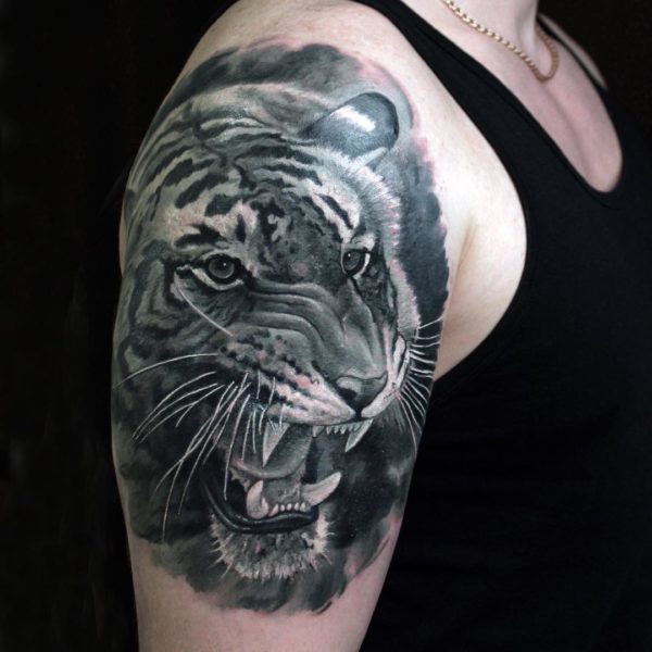 Black And Grey Ink Tiger Tattoo