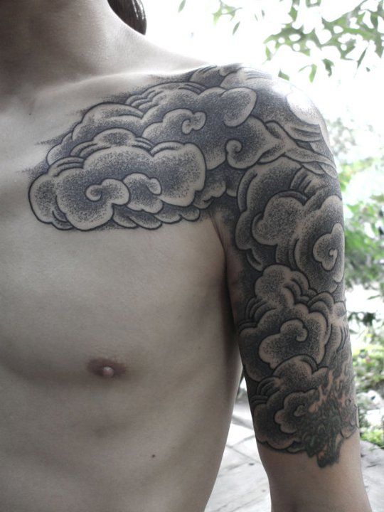Black And Grey Sleeve Shoulder Tattoo
