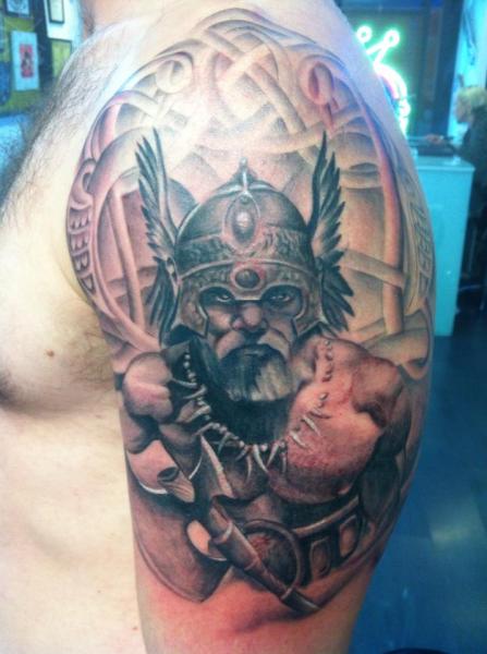Black And Grey Viking Shoulder Tattoo Design