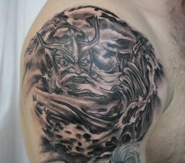 Black And Grey Viking Shoulder Tattoo