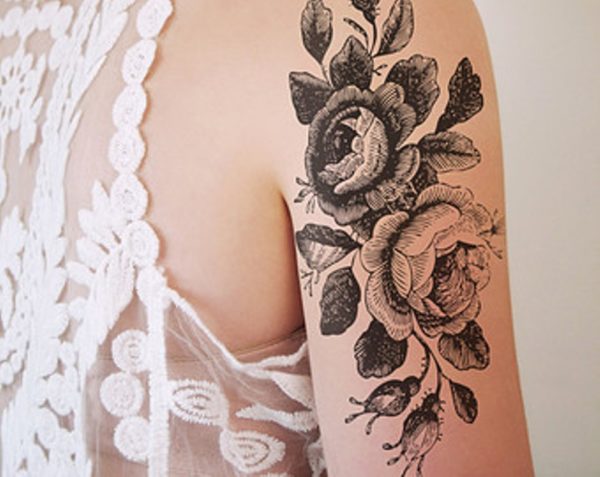 Black And Grey Vintage Flower Tattoo
