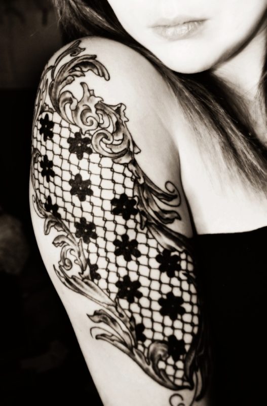 Black And White Lace Shoulder Tattoo