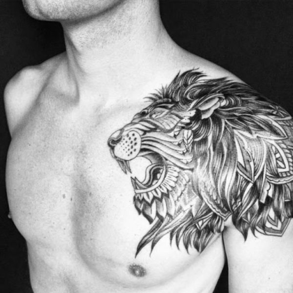 Black And White Lion Shoulder Tattoo