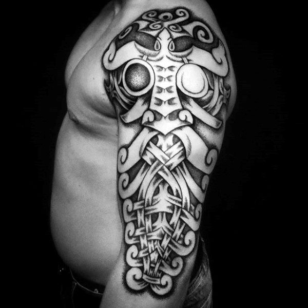 Black And White Tribal Viking Shoulder Tattoo