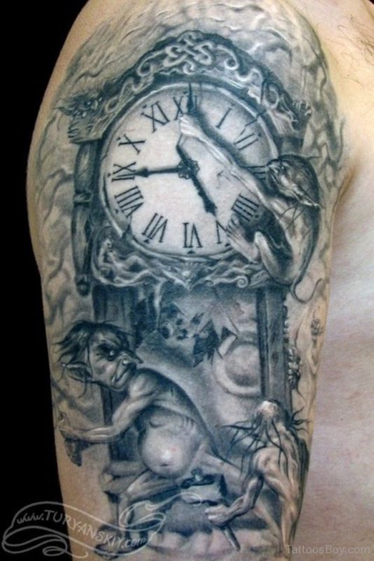 Black Clock Shoulder Tattoo Design