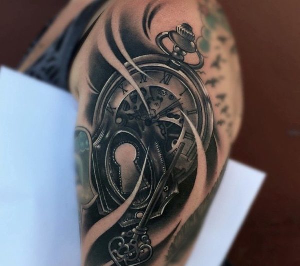 Black Clock Tattoo On Shoulder