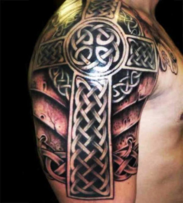 Black Cross Tattoo On Right Shoulder