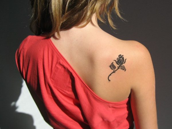 Black Flower Tattoo On Shoulder Back