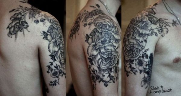 Black Flowers Vintage Tattoo On Shoulder