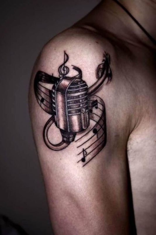 Black Grey Ink Music Mic Tattoo