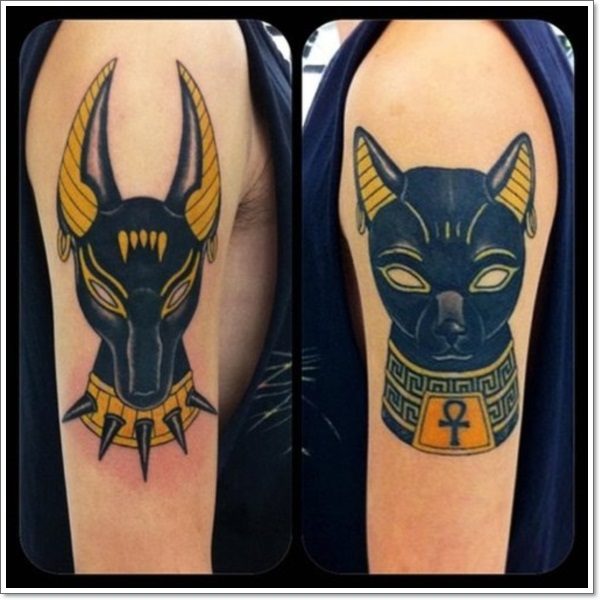 Black Ink Bastet And Anubis Egyptian Tattoo