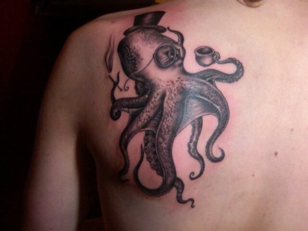 Black Ink Kraken Shoulder Tattoo