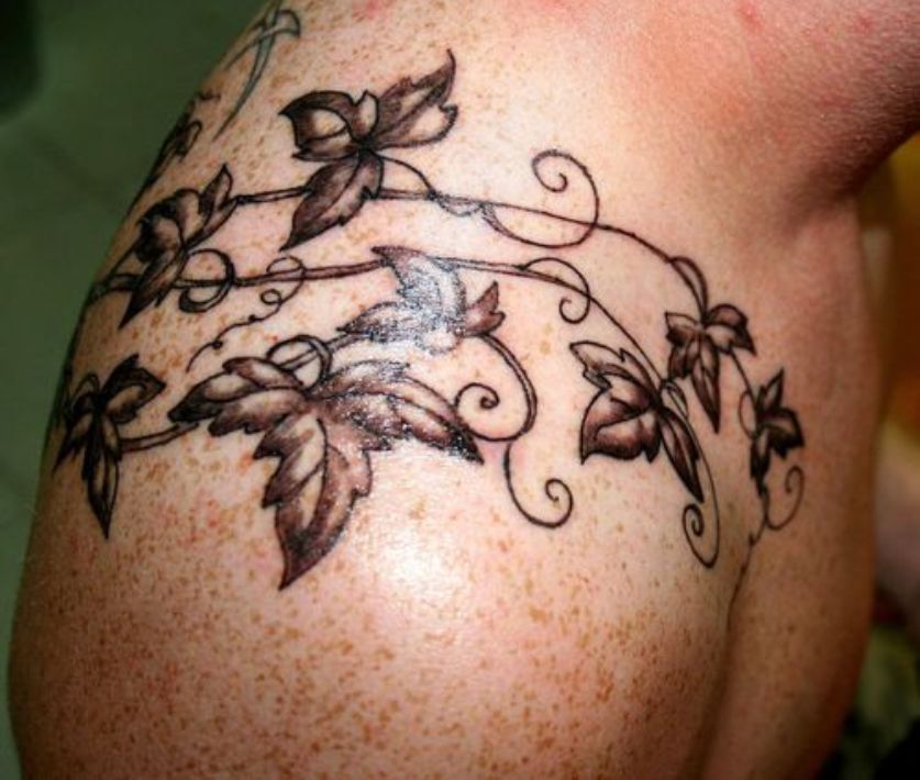 Black Ink Vine Shoulder Tattoo.