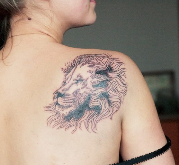 Black Lion Tattoo On Shoulder Back