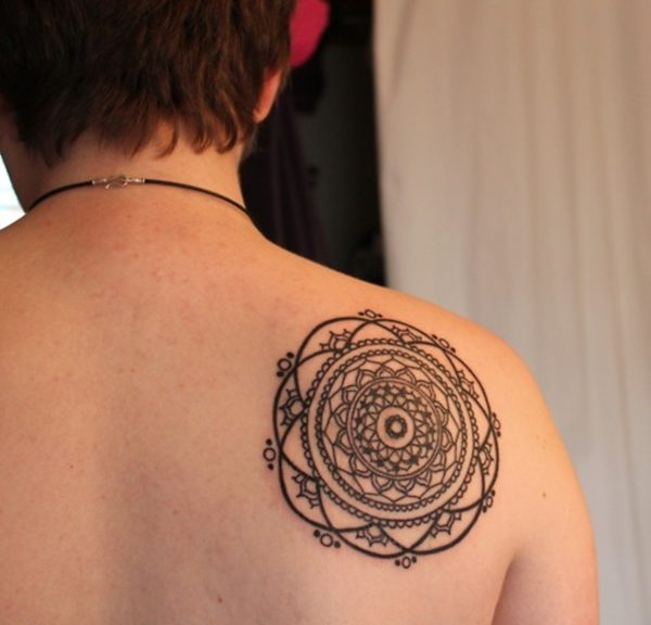 Black Mandala Tattoo On Shoulder Back