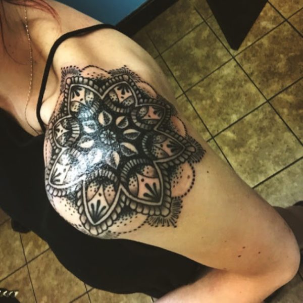 Black Mandala Tattoo On Shoulder