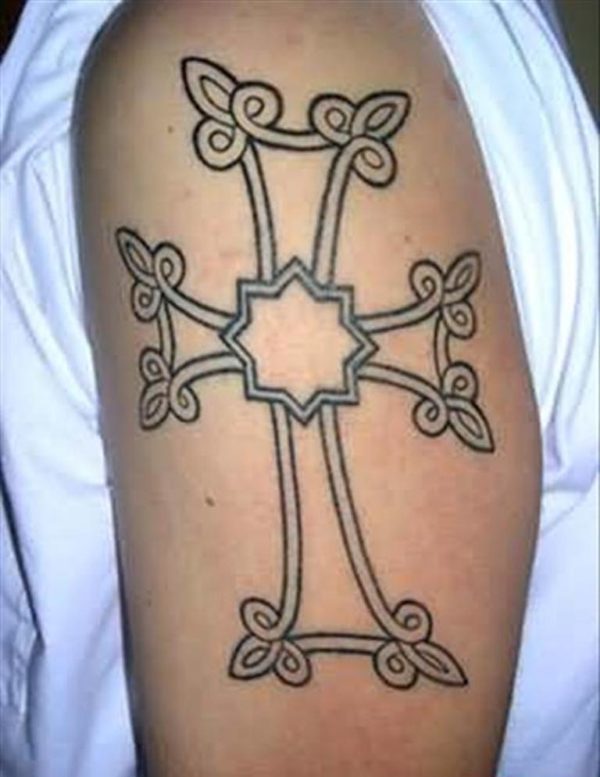 Black Shoulder Cross Tattoo