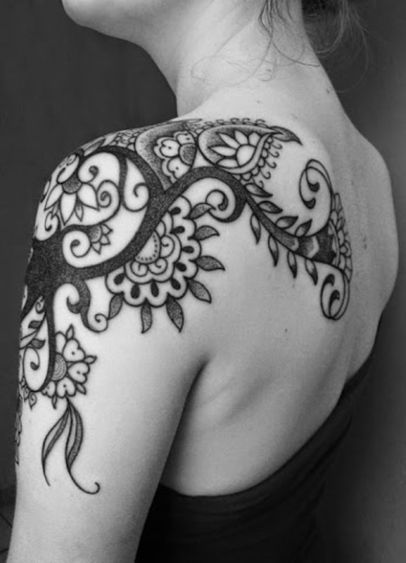 Black Shoulder Design Tattoo For Women
