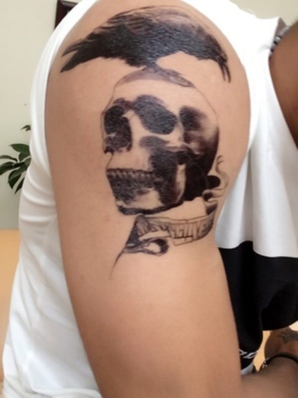 Black Skull Shoulder Tattoo For Men