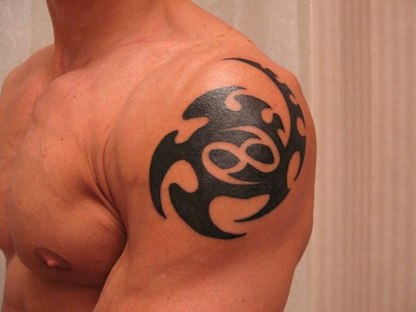 Black Sun Tattoo On Left Shoulder