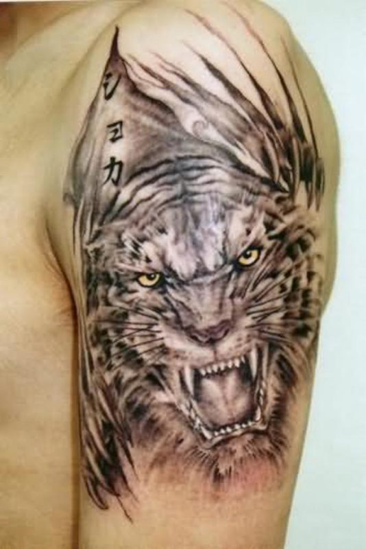 Black Tiger Shoulder Tattoo