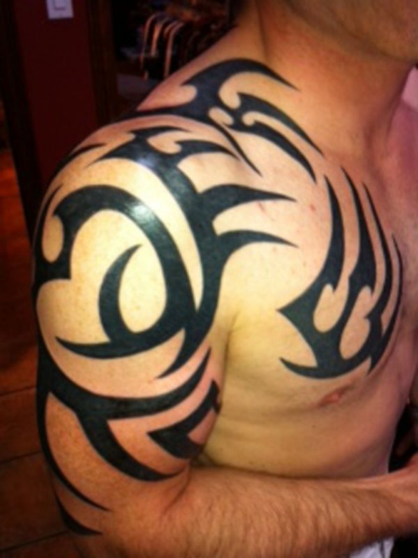 Black Tribal Front Shoulder Tattoo