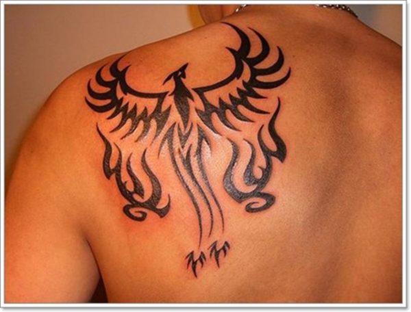 Black Tribal Phoenix Design On Shoulder Back