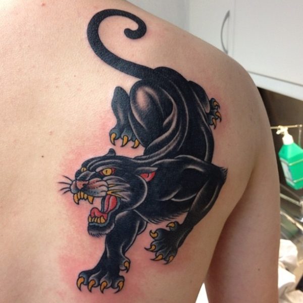 Black Walking Panther On Shoulder Tattoo