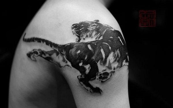 Black Walking Tiger Tattoo