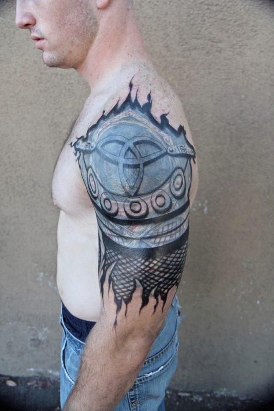 Blue Armor Shoulder Cover Tattoo