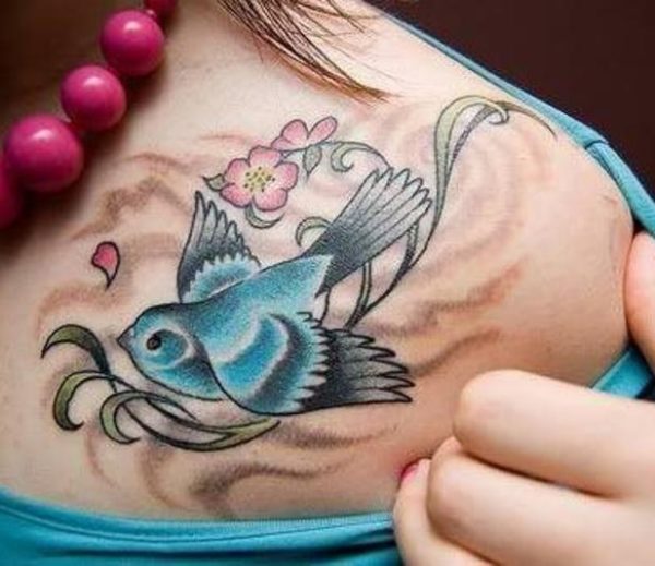 Blue Bird And Cherry Blossom Flower Tattoo