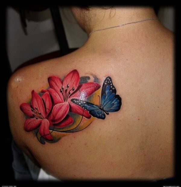 Blue Butterfly And Red Rose Flower Tattoo