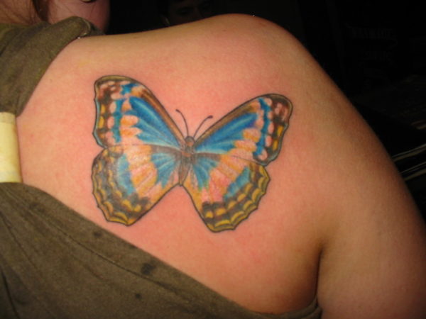 Blue Butterfly Shoulder Tattoo For Women