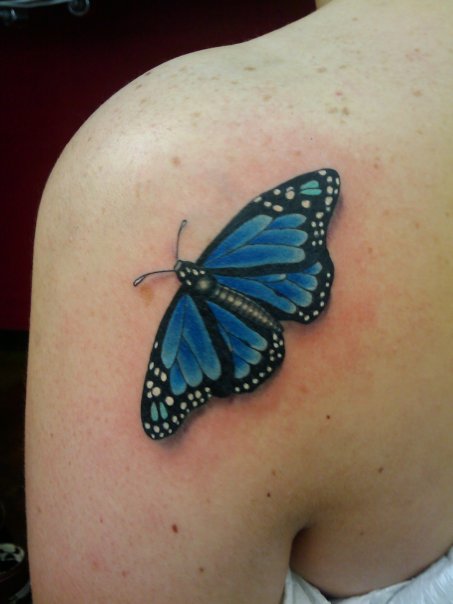 Blue Butterfly Tattoo On Shoulder