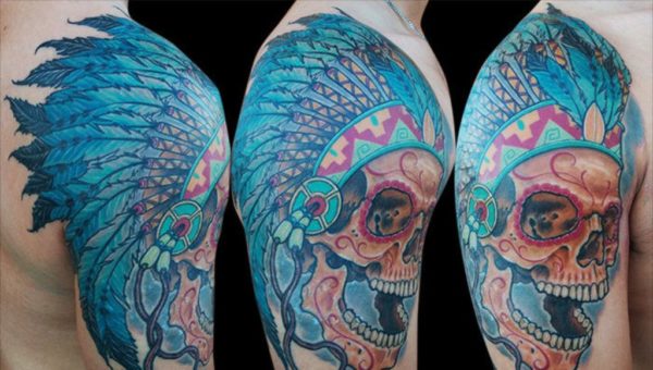Blue Color Skull Shoulder Cover Up Tattoo