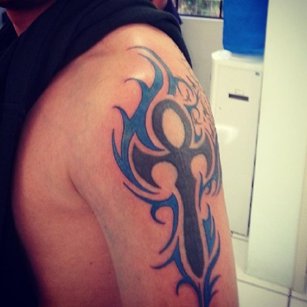 Blue Cross Flame Tribal Shoulder Tattoo