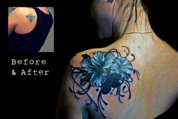 Blue Flower Shoulder Cover Tattoo Design