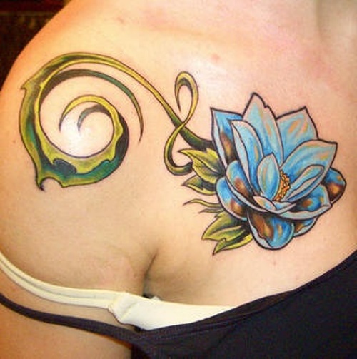 Blue Flower Tattoo On Front Shoulder