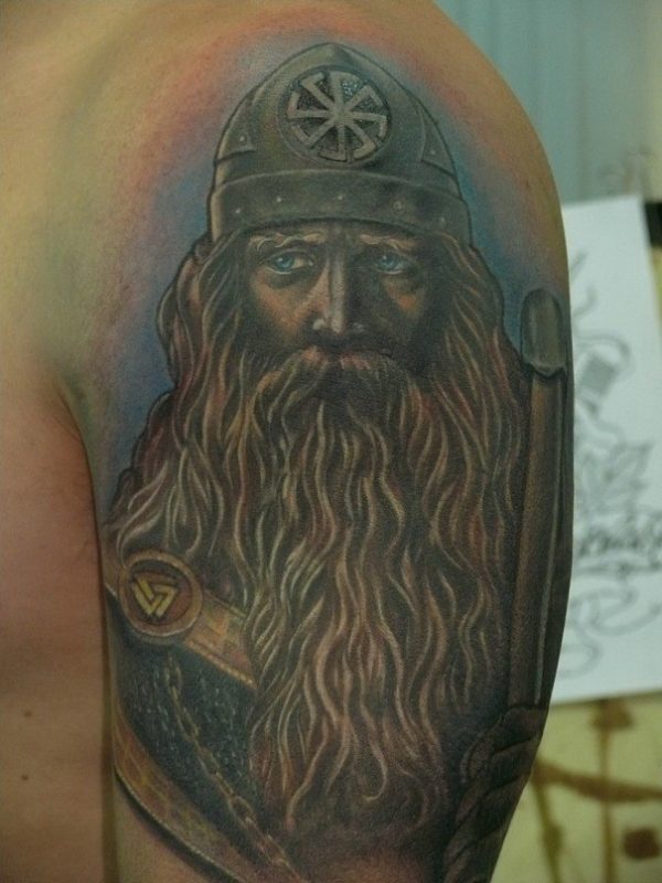 Blue Ink Viking Shoulder Tattoo