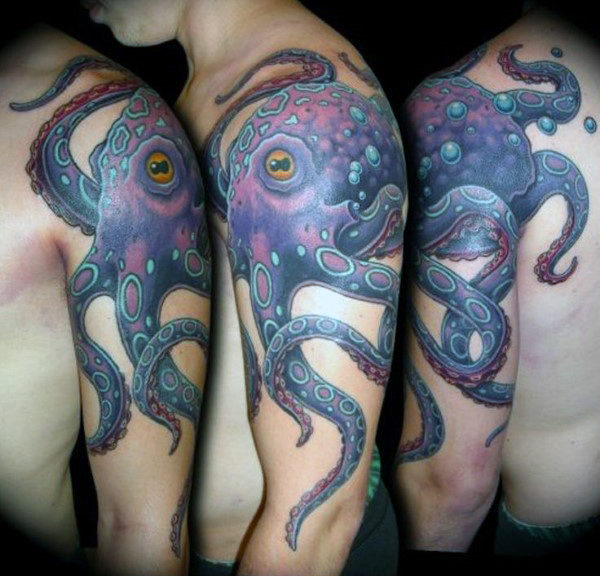 Blue Octopus Tattoo On Shoulder