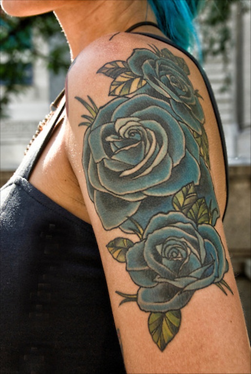 Blue Roses Tattoo On Left Shoulder