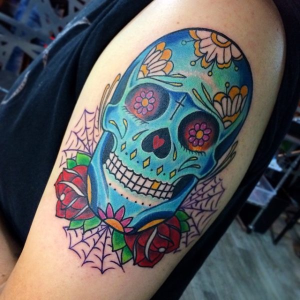 Blue Skull Shoulder Tattoo