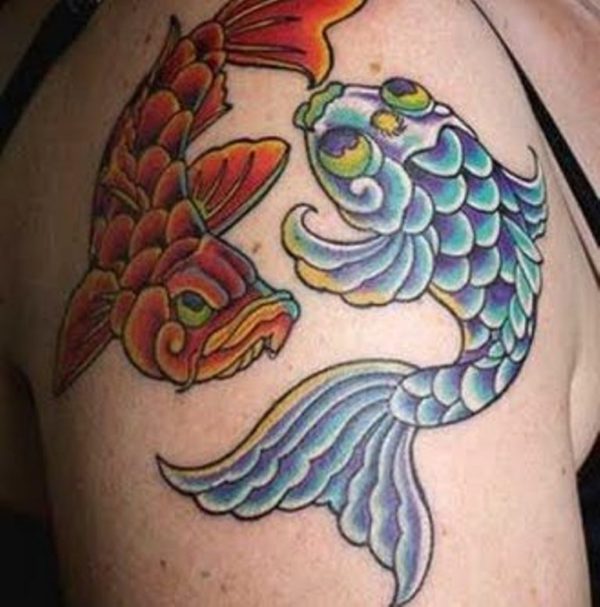 Blue Waves And Pisces Zodiac Tattoos On Shoulder