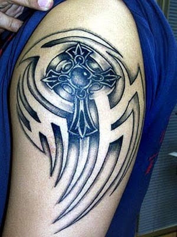Blue Wavy Cross Tattoo