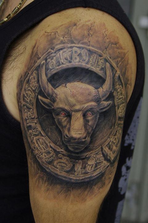 Bull Aztec Shoulder Tattoo