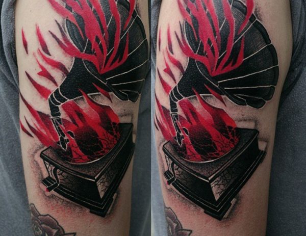 Burning Music Sleeve Shoulder Tattoo