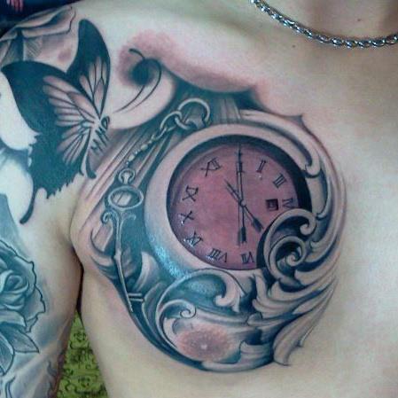 Butterfly And Clock Shoulder Tattoo