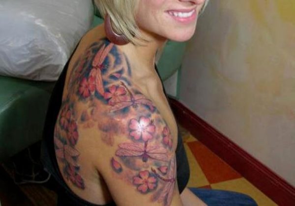 Cherry Blossom Flower Designer Tattoo On Shoulder