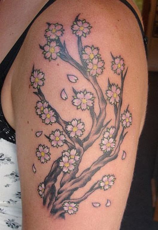 Cherry Blossom Tattoo On Left Shoulder